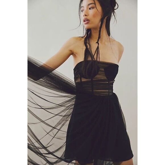 NWT FREE PEOPLE X SAU LEE BELLA GOWN SHEER TULLE BUSTIER MAXI DRESS BLACK - Picture 3 of 4